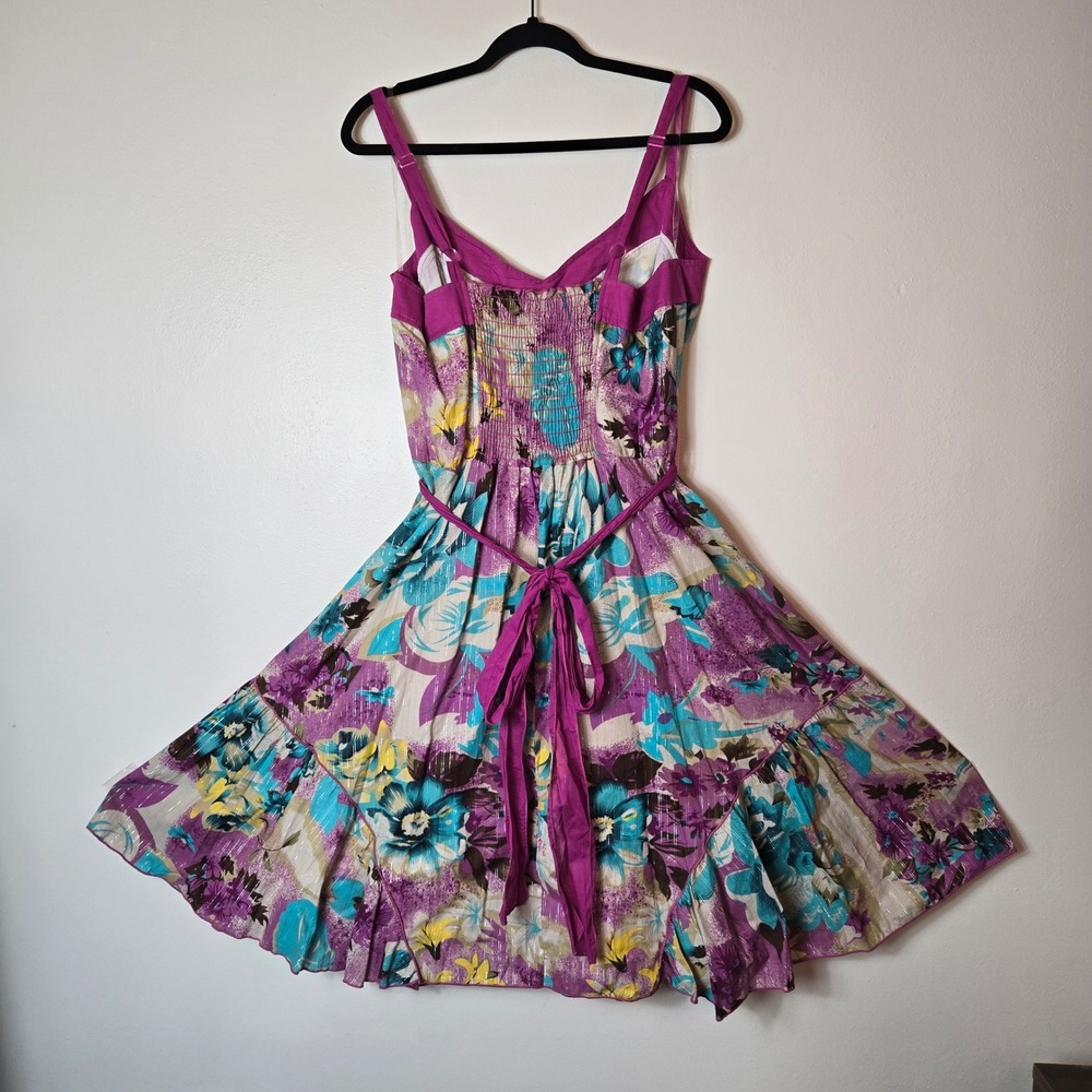 Torrid Floral Metallic Sun Dress Purple Teal Yellow Cotton Fit Flare Plus 22‎ - Picture 2 of 4